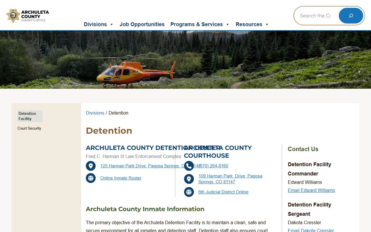 Archuleta County inmate population detention division roster and jail services page